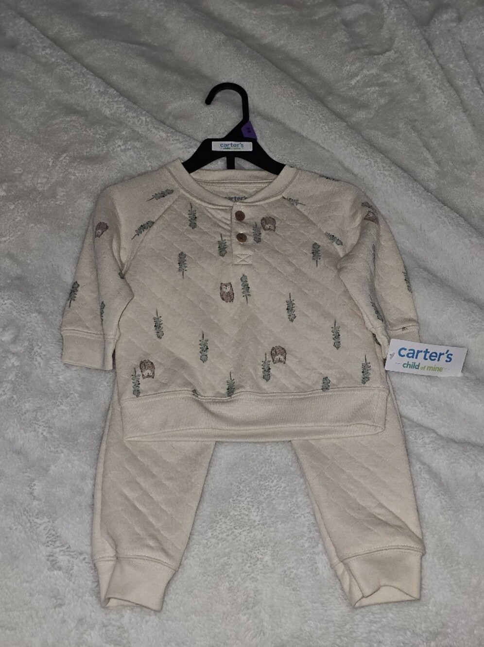 Carter's Cream Quilted Woodland Set with Green Tree Accents